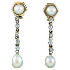 Antique Art Deco French Pearl Diamond Drop Earrings