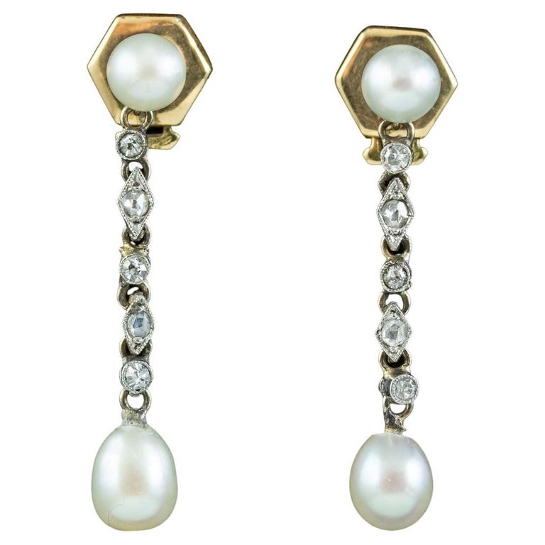 Antique Art Deco French Pearl Diamond Drop Earrings For Sale at 1stDibs