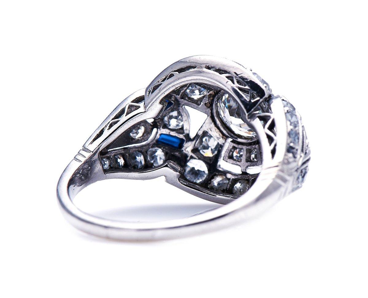 Old European Cut Antique, Art Deco, French, Platinum, Diamond and Sapphire Bombé Ring