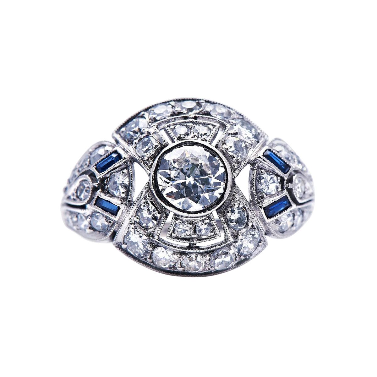 Antique, Art Deco, French, Platinum, Diamond and Sapphire Bombé Ring