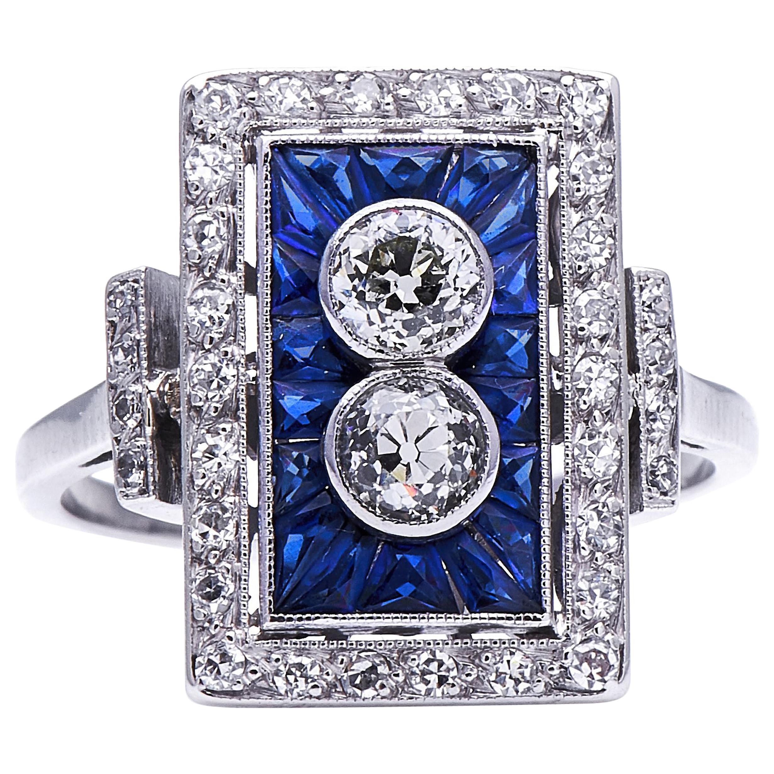 Antique Art Deco, French, Platinum, Diamond and Sapphire Ring