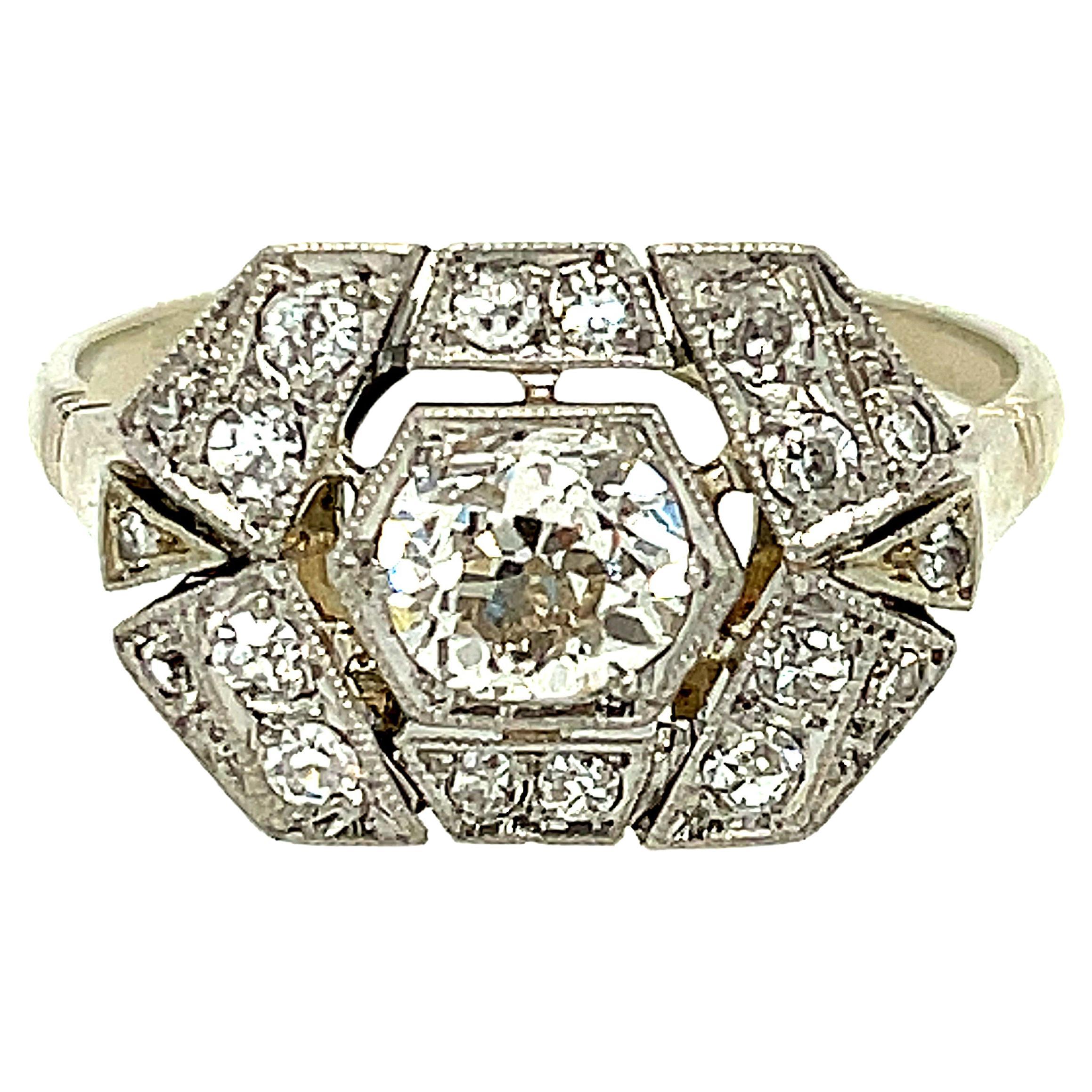 Antique Art Deco French Platinum Diamond Cocktail Ring For Sale