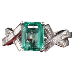 Antique Art Deco French Platinum Emerald and Diamond Engagement Ring, GIA