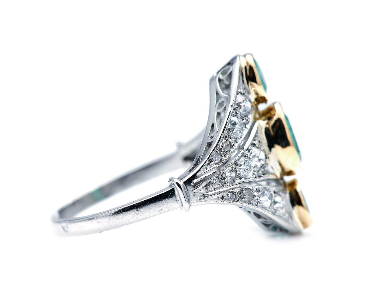 Old European Cut Antique, Art Deco, French, Platinum, Emerald and Diamond Ring For Sale