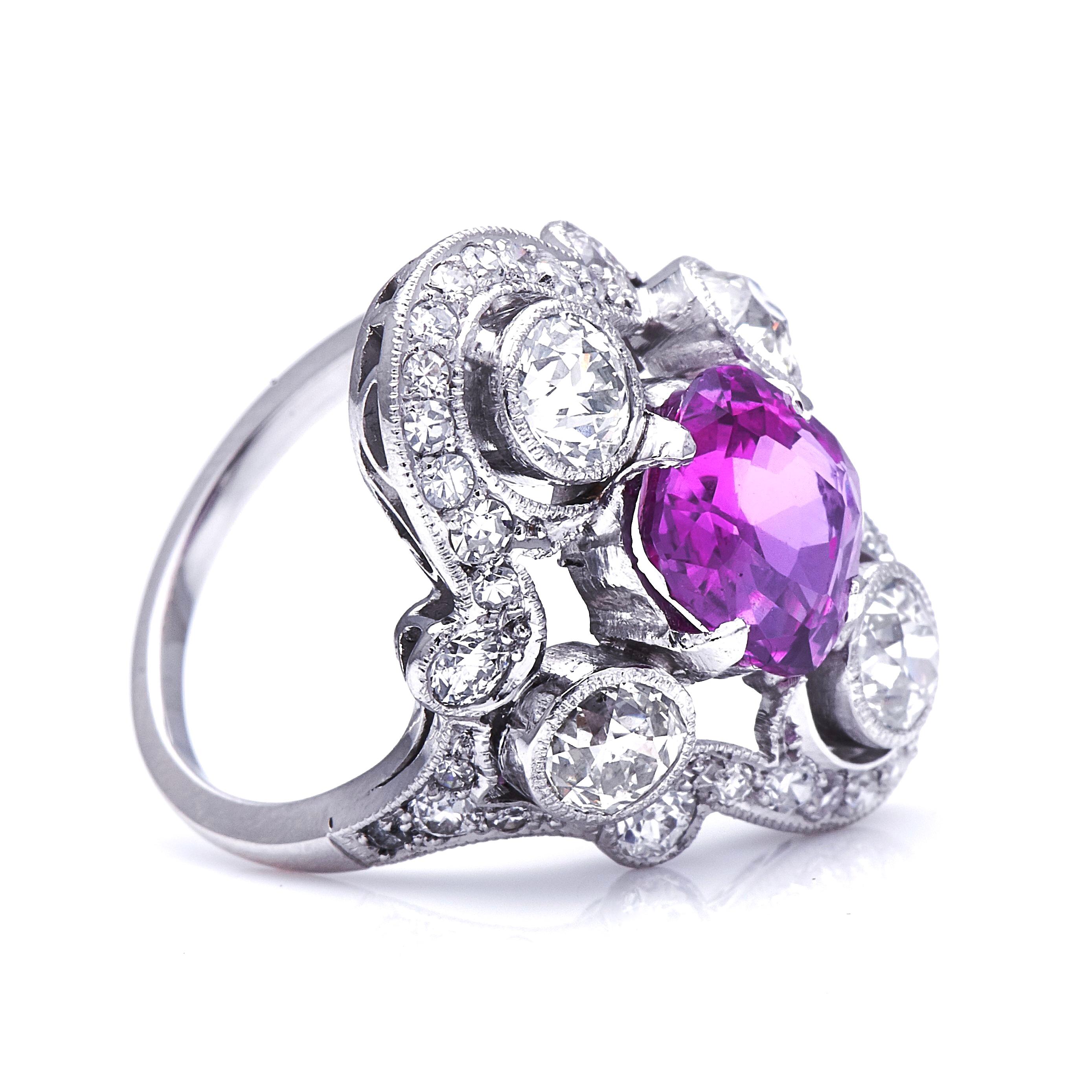 Pink sapphire and diamond ring, circa 1925. Sri Lanka is the most historically famous source of sapphires, and was colloquially known as ‘Ratna Dweepa’, or the ‘Island of Gems’. This 3.45 carat unheated Sri Lankan sapphire displays a floral