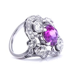 Antique Art Deco, French, Platinum, Large Pink Sapphire and Diamond Ring