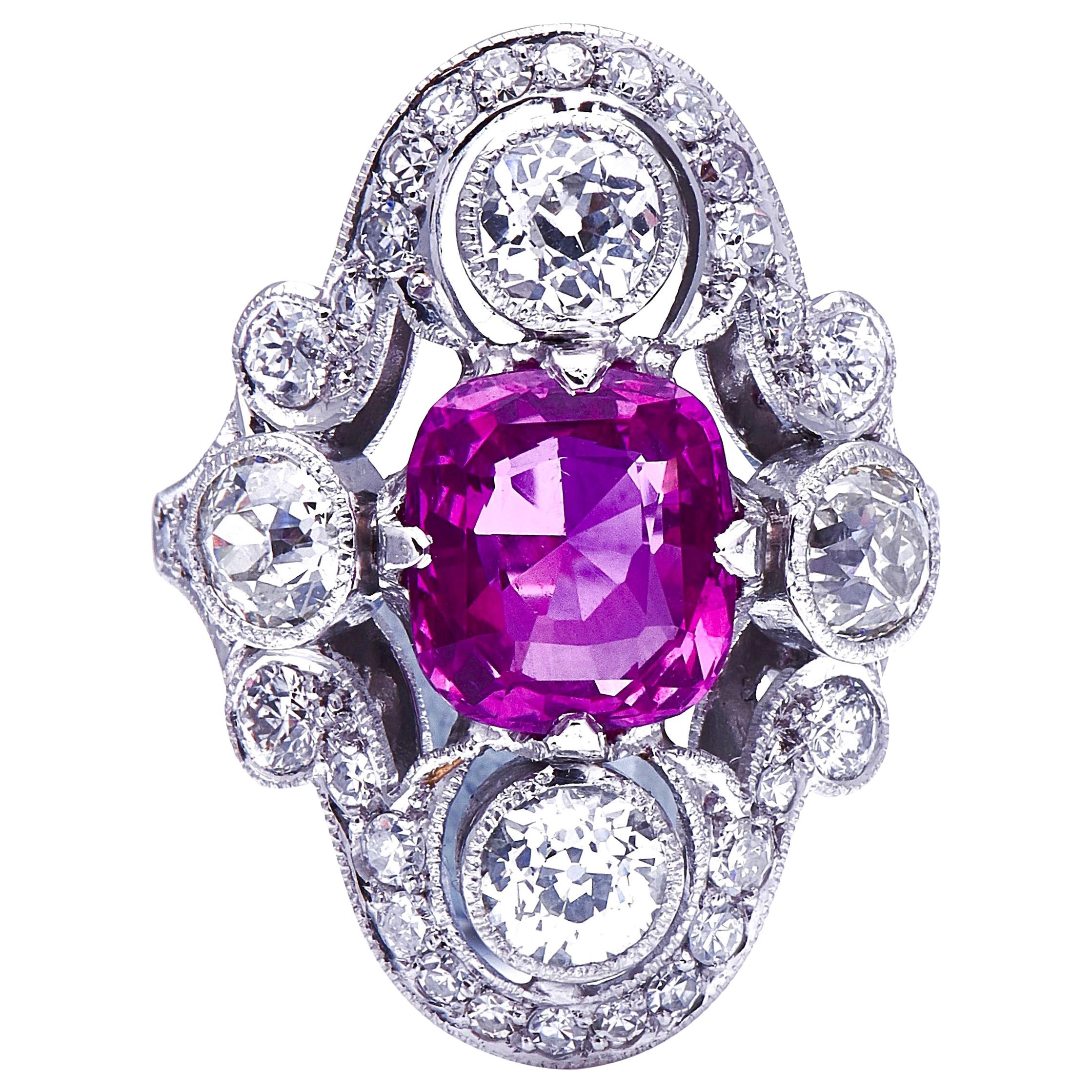 Antique Art Deco, French, Platinum, Large Pink Sapphire and Diamond Ring For Sale