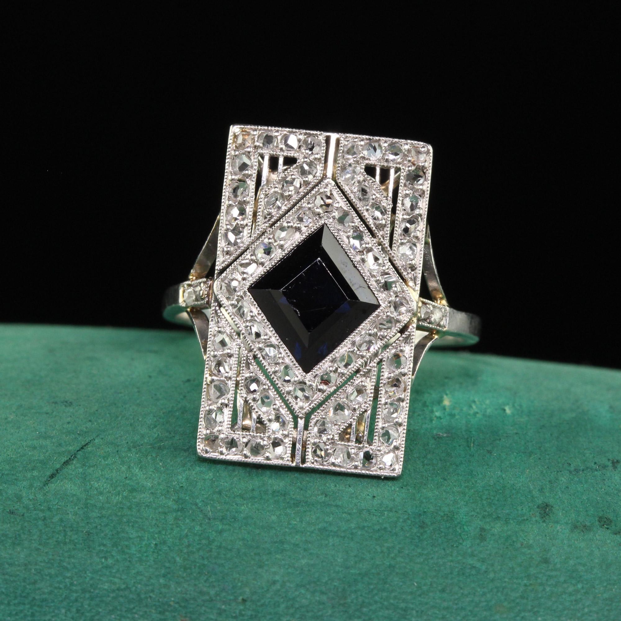 Beautiful Antique Art Deco French Platinum Natural Sapphire and Diamond Shield Ring - GIA. This incredible Art Deco French shield ring is crafted in platinum. The center holds a natural blue sapphire that has a GIA report. The sapphire is a darker
