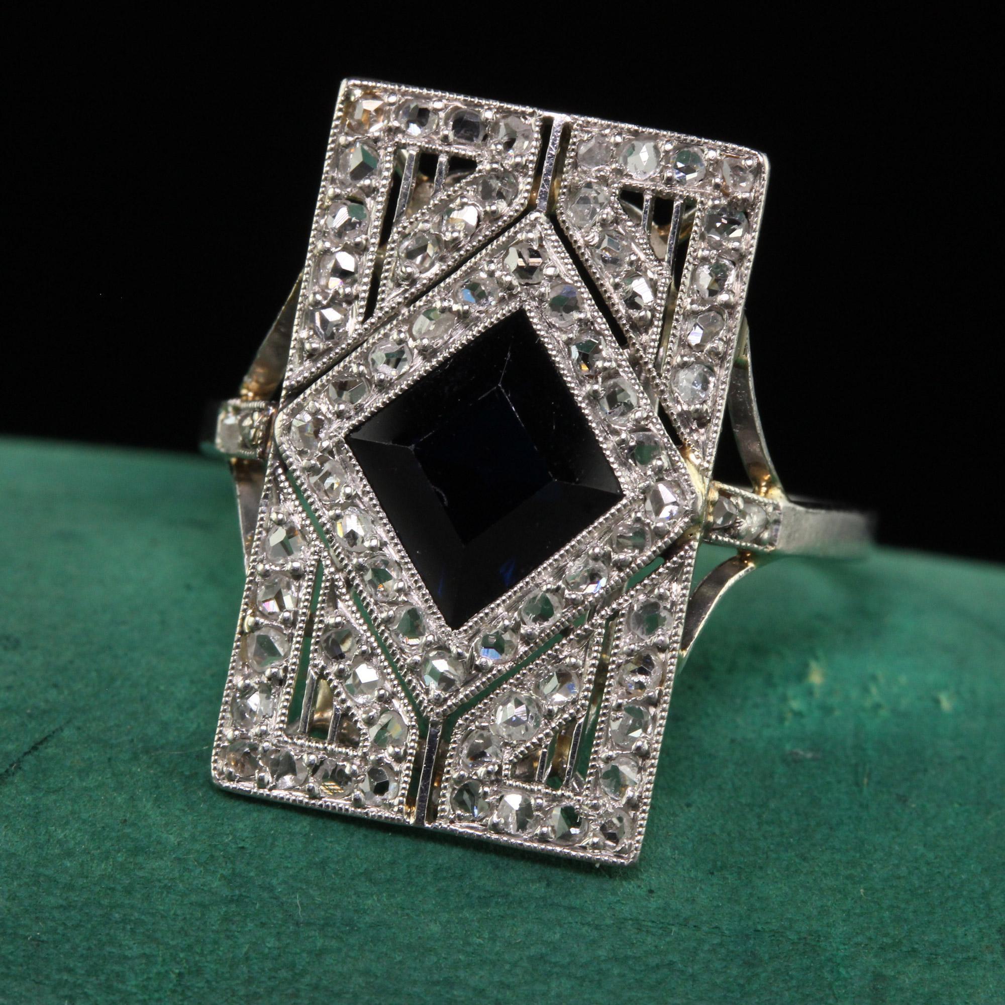 Antique Art Deco French Platinum Natural Sapphire and Diamond Shield Ring - GIA In Good Condition For Sale In Great Neck, NY