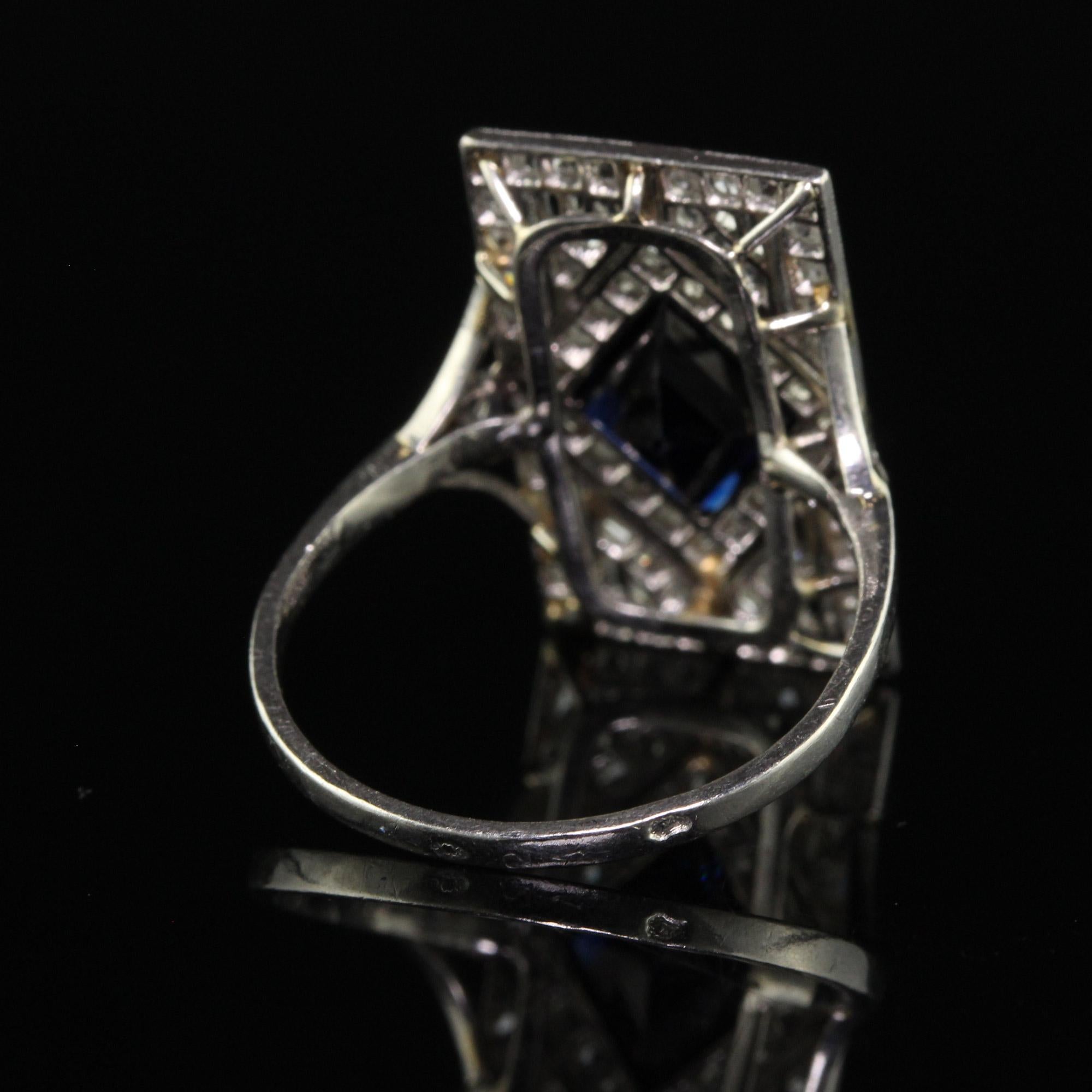 Antique Art Deco French Platinum Natural Sapphire and Diamond Shield Ring - GIA For Sale 1