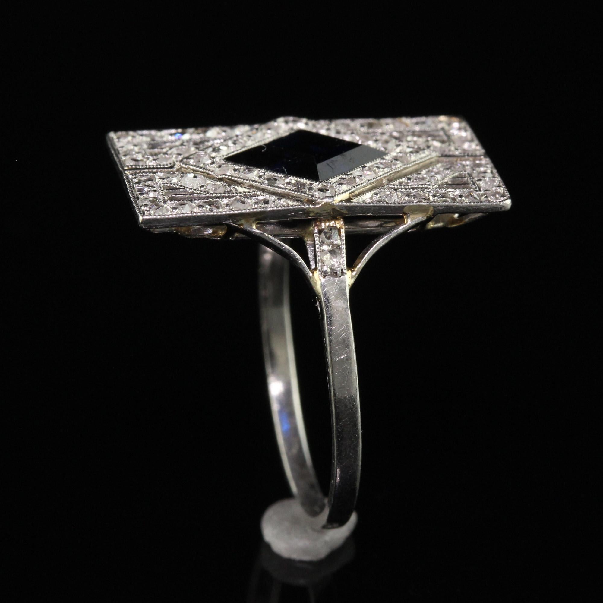Antique Art Deco French Platinum Natural Sapphire and Diamond Shield Ring - GIA For Sale 2