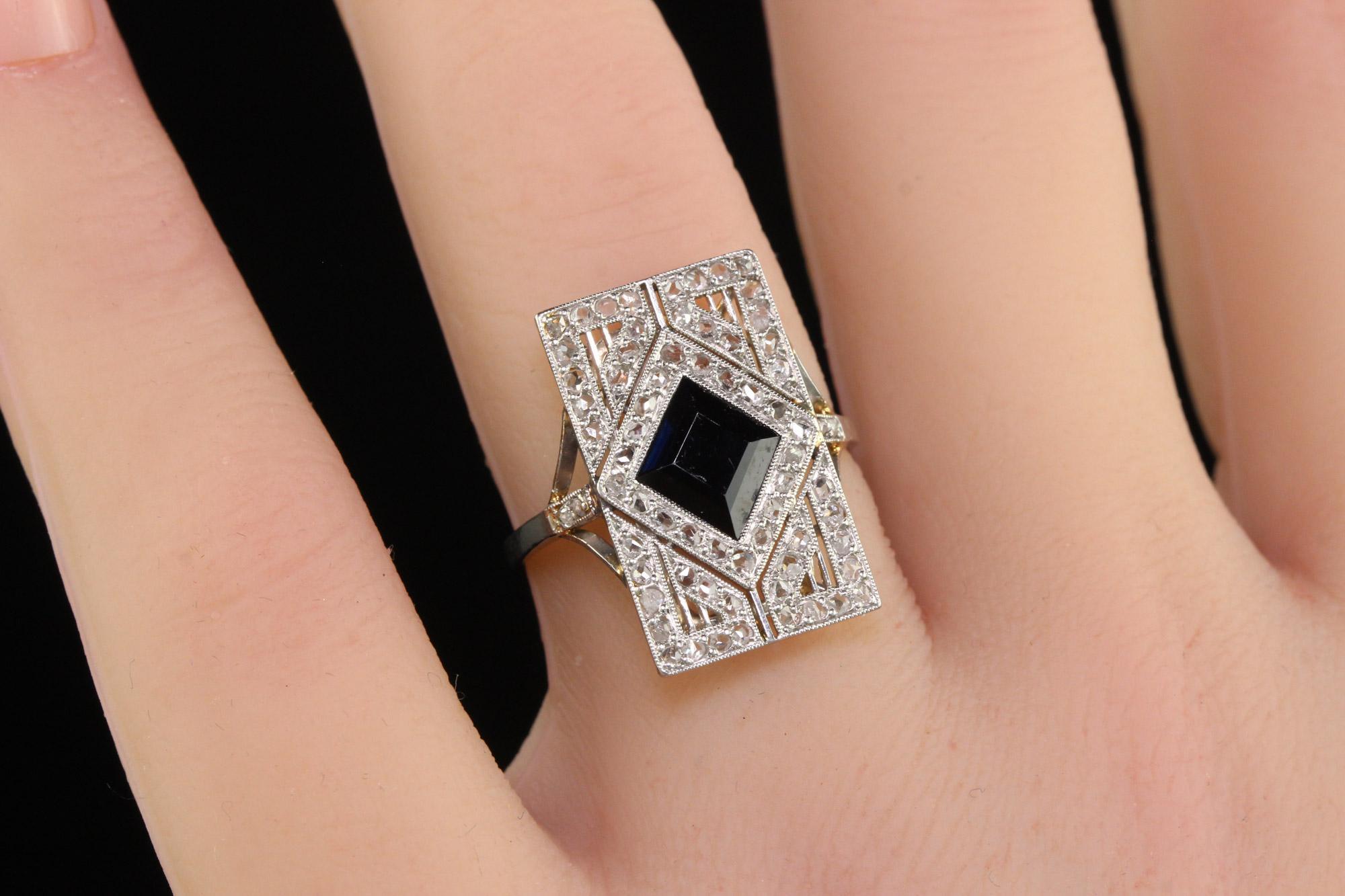 Antique Art Deco French Platinum Natural Sapphire and Diamond Shield Ring - GIA For Sale 3