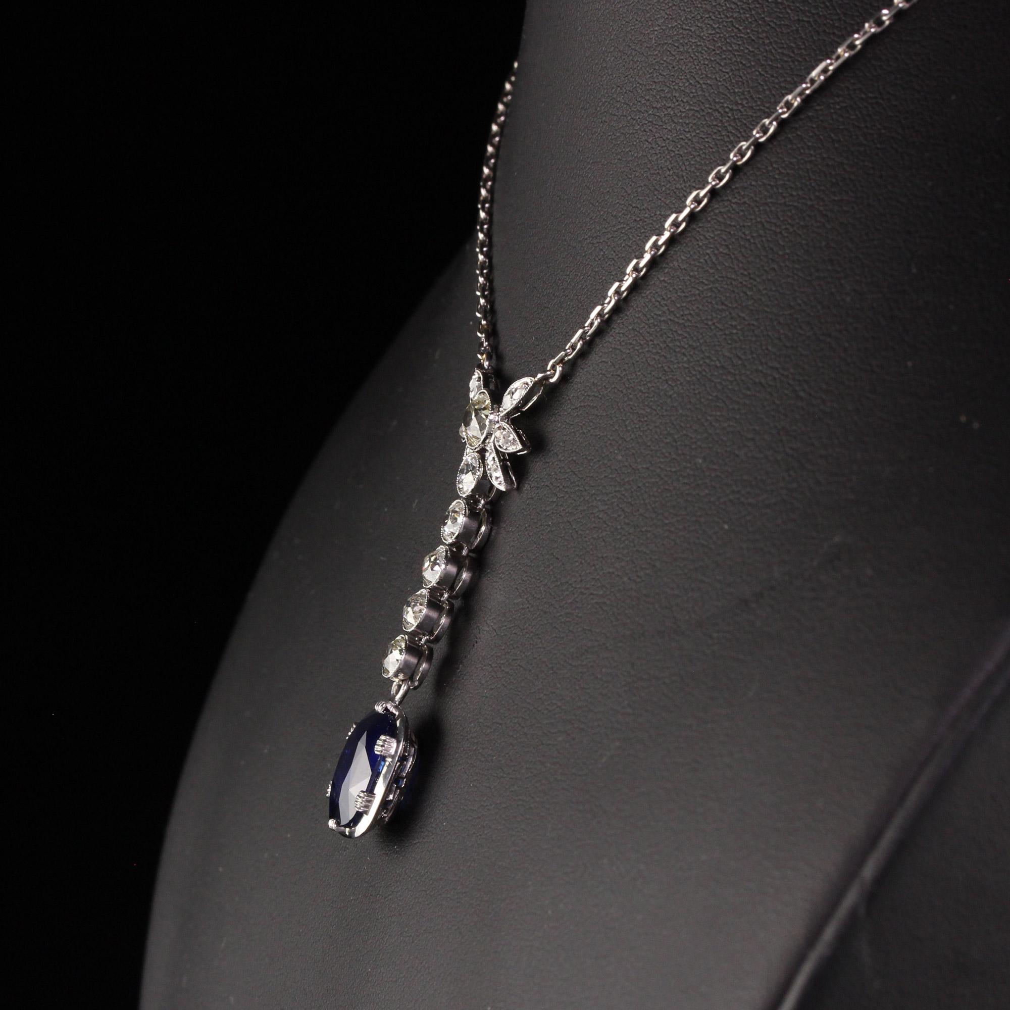 Antique Art Deco French Platinum Old Euro Diamond and Sapphire Drop Necklace For Sale 5