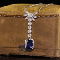 Antique Art Deco French Platinum Old Euro Diamond and Sapphire Drop Necklace