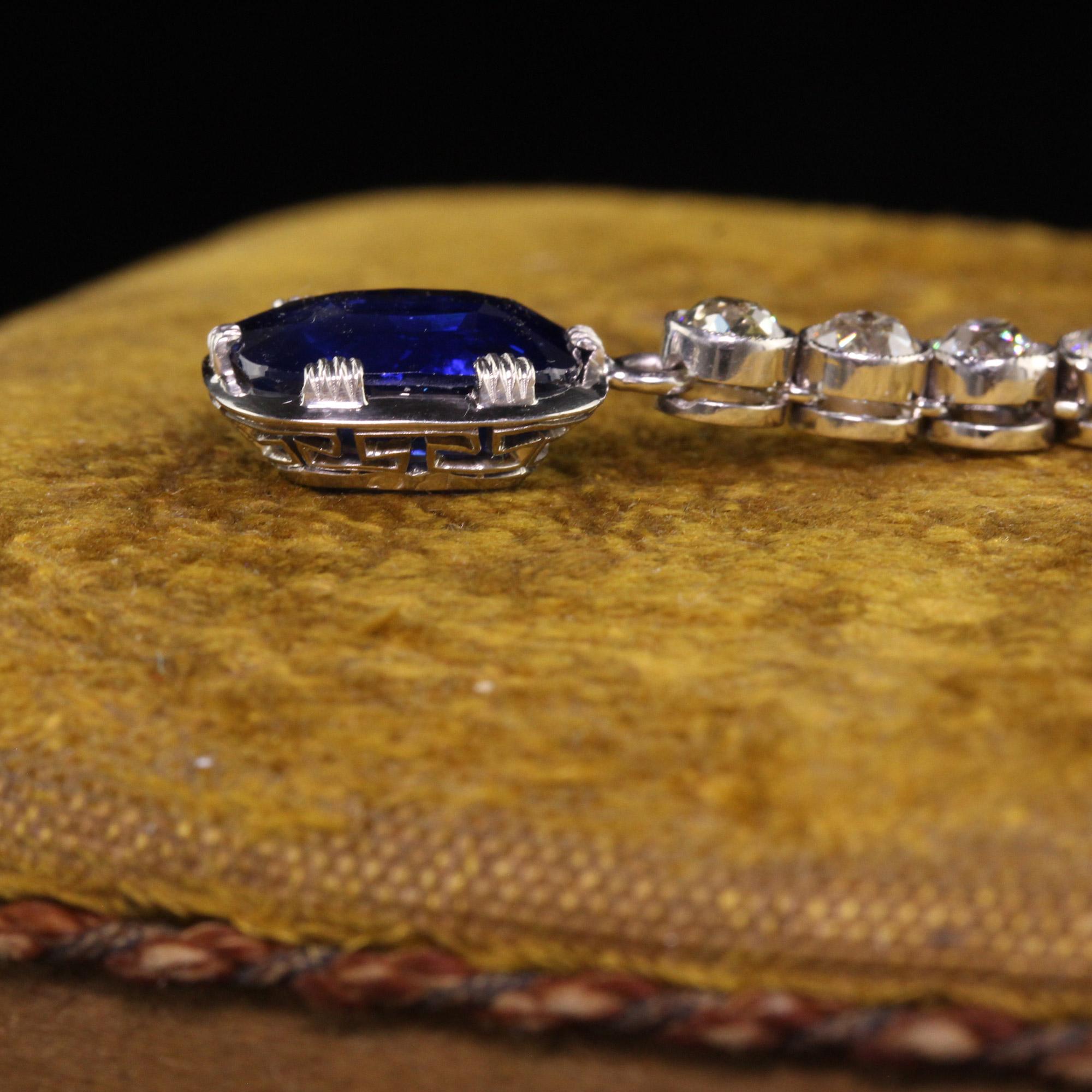 Antike antike Art Deco Französisch Platin Old Euro Diamant und Saphir Tropfen Halskette im Angebot 1