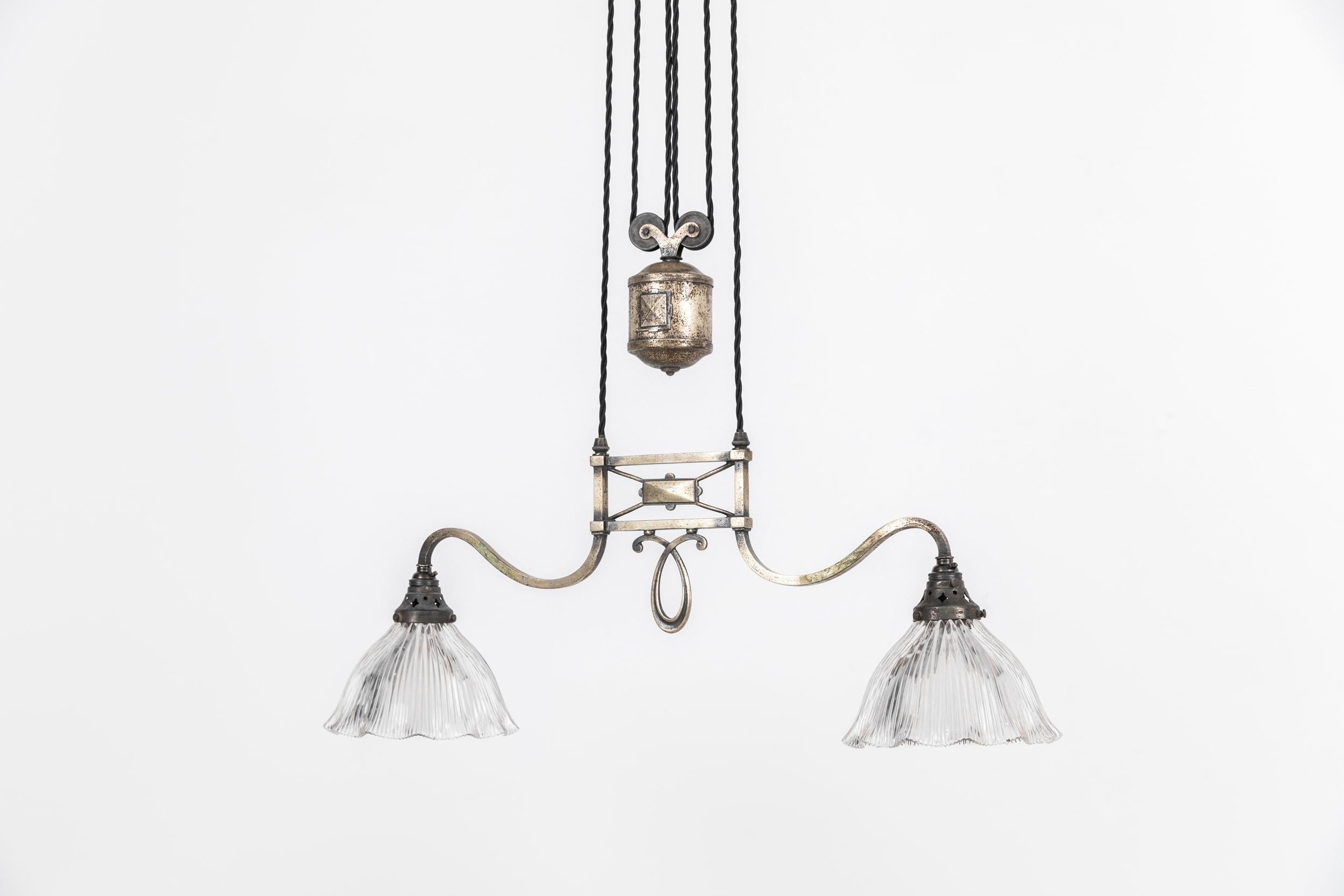 Silver Plate Antique Art Deco GEC Rise and Fall Prismatic Glass Ceiling Light Lamp, c.1930