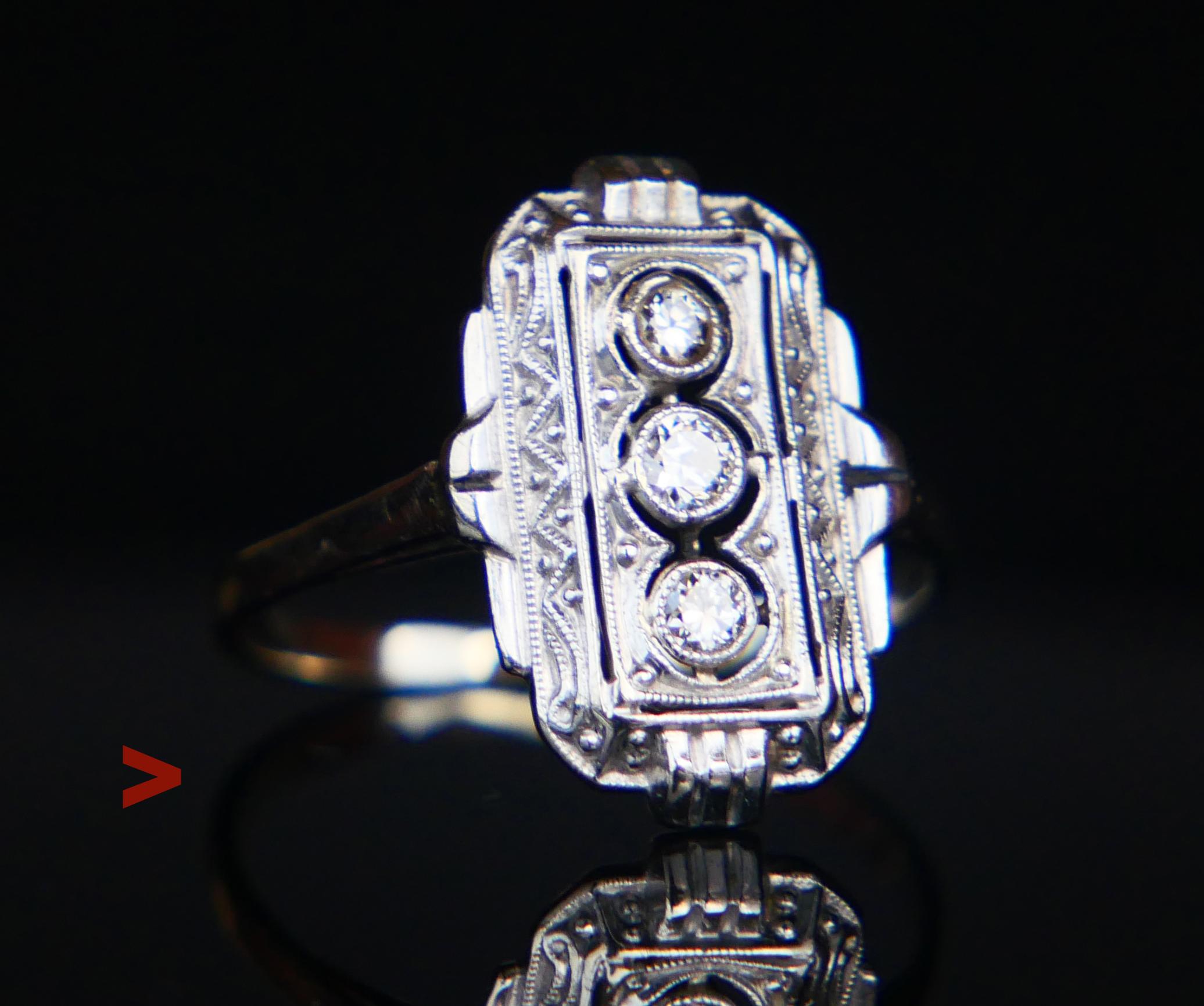 German ring , Art - Deco period, hand - made ca. 1920s- 1930s, hallmarked 585, metal tested solid 14K White Gold.

Openwork crown 15 x 9 x 3mm deep with natural old diamond cut diamonds : 2.25 x 1.5 mm 0.06 ct and two Ø 2mm x 1.5 mm deep / ca 0.02ct