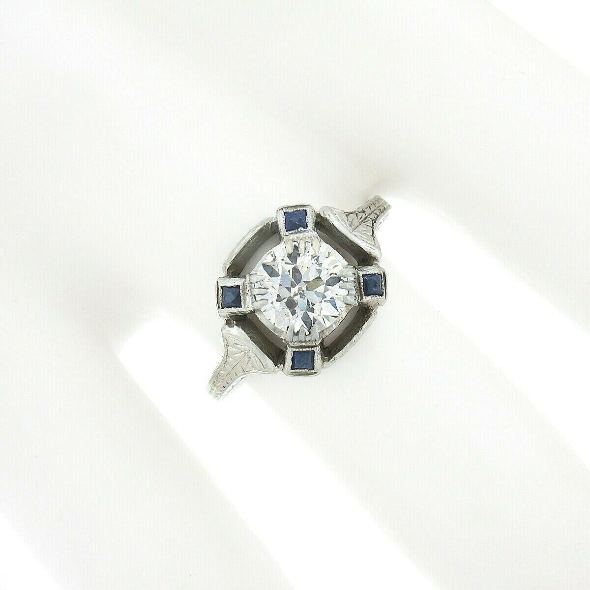Old European Cut Antique Art Deco GIA 1.01ctw European Diamond Solitaire Sapphire Engagement Ring For Sale