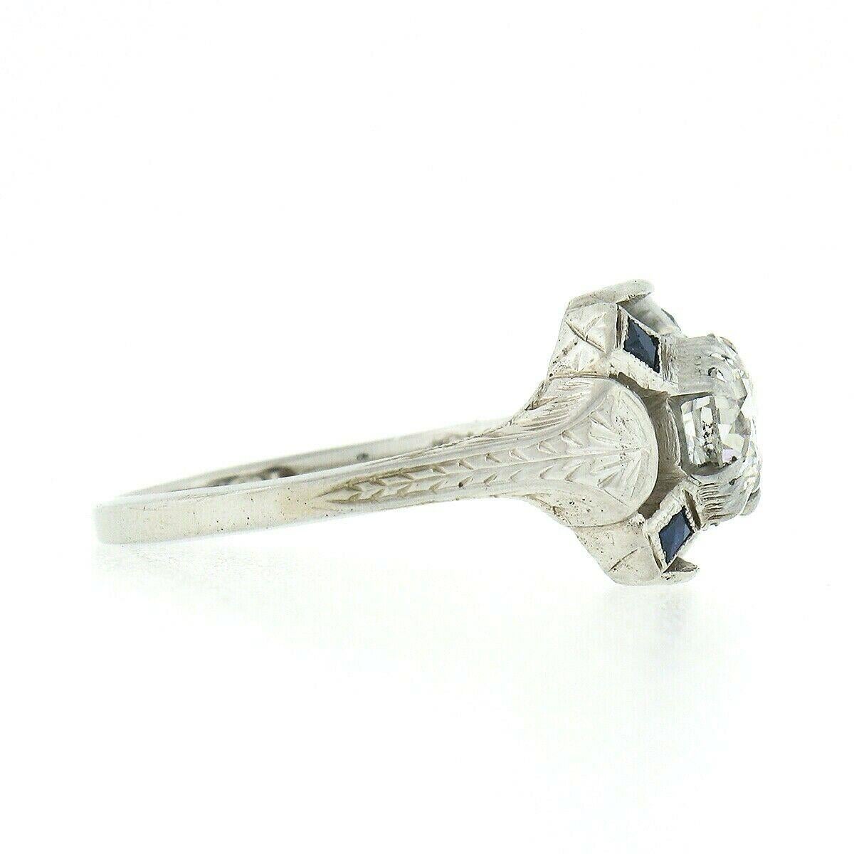 Antique Art Deco GIA 1.01ctw European Diamond Solitaire Sapphire Engagement Ring In Good Condition For Sale In Montclair, NJ