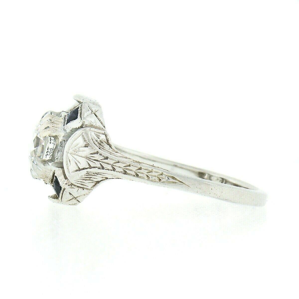 Women's Antique Art Deco GIA 1.01ctw European Diamond Solitaire Sapphire Engagement Ring For Sale