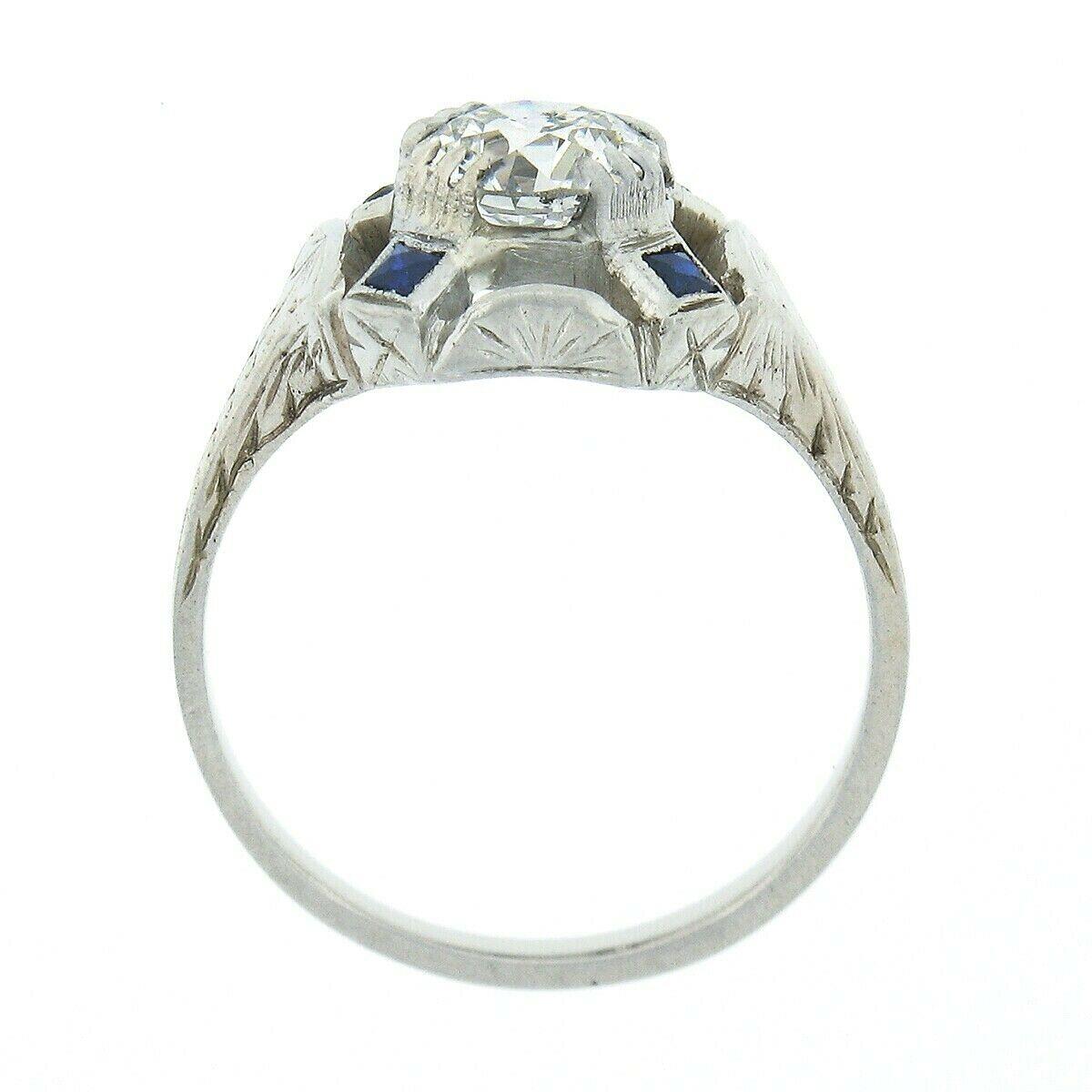 Antique Art Deco GIA 1.01ctw European Diamond Solitaire Sapphire Engagement Ring For Sale 1