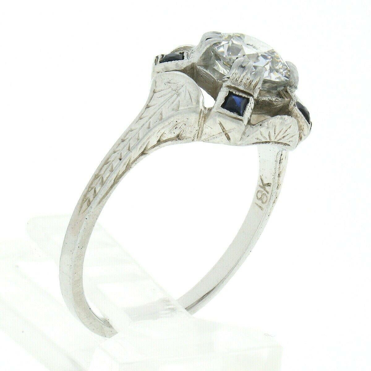 Antique Art Deco GIA 1.01ctw European Diamond Solitaire Sapphire Engagement Ring For Sale 2