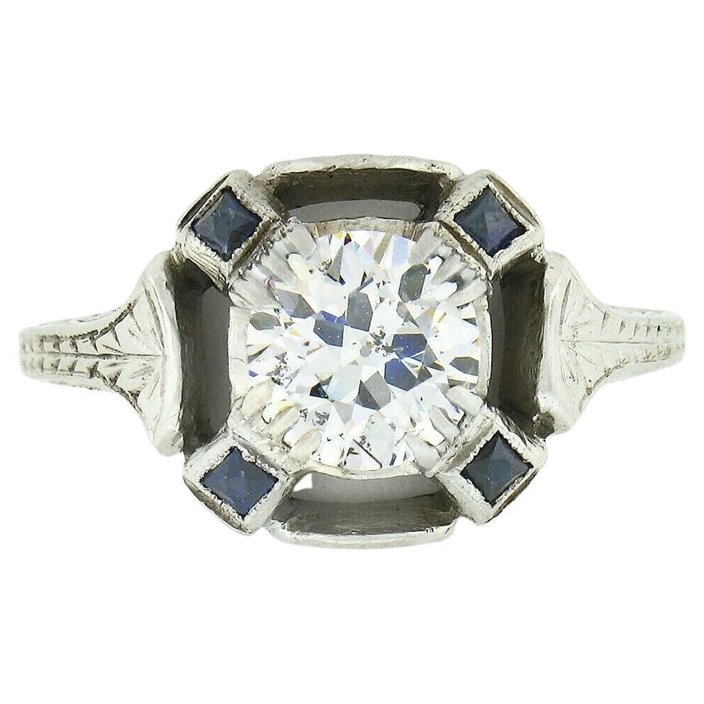 Antique Art Deco GIA 1.01ctw European Diamond Solitaire Sapphire Engagement Ring For Sale