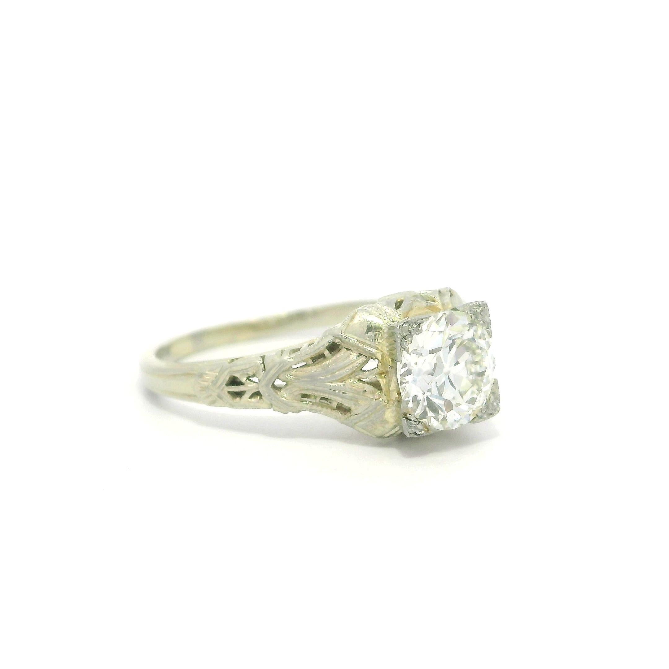 Antique Art Deco GIA 1.21ct Fiery Old Diamond Solitaire Filigree Engagement Ring For Sale 6