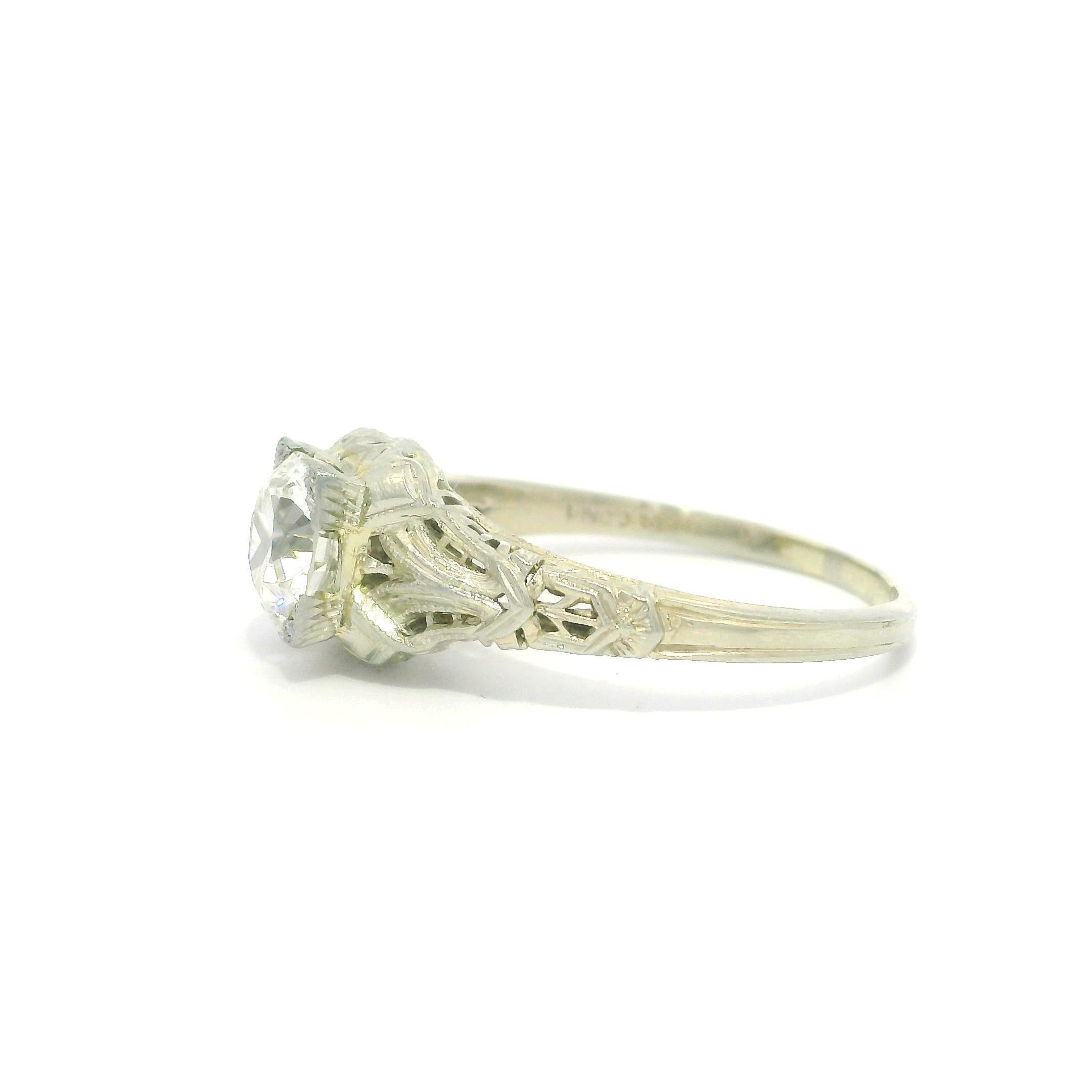Antique Art Deco GIA 1.21ct Fiery Old Diamond Solitaire Filigree Engagement Ring For Sale 7