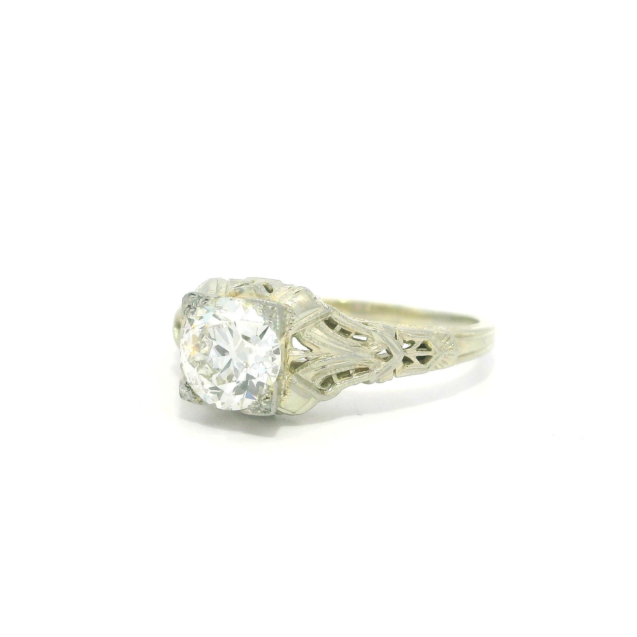 Antique Art Deco GIA 1.21ct Fiery Old Diamond Solitaire Filigree Engagement Ring For Sale 8