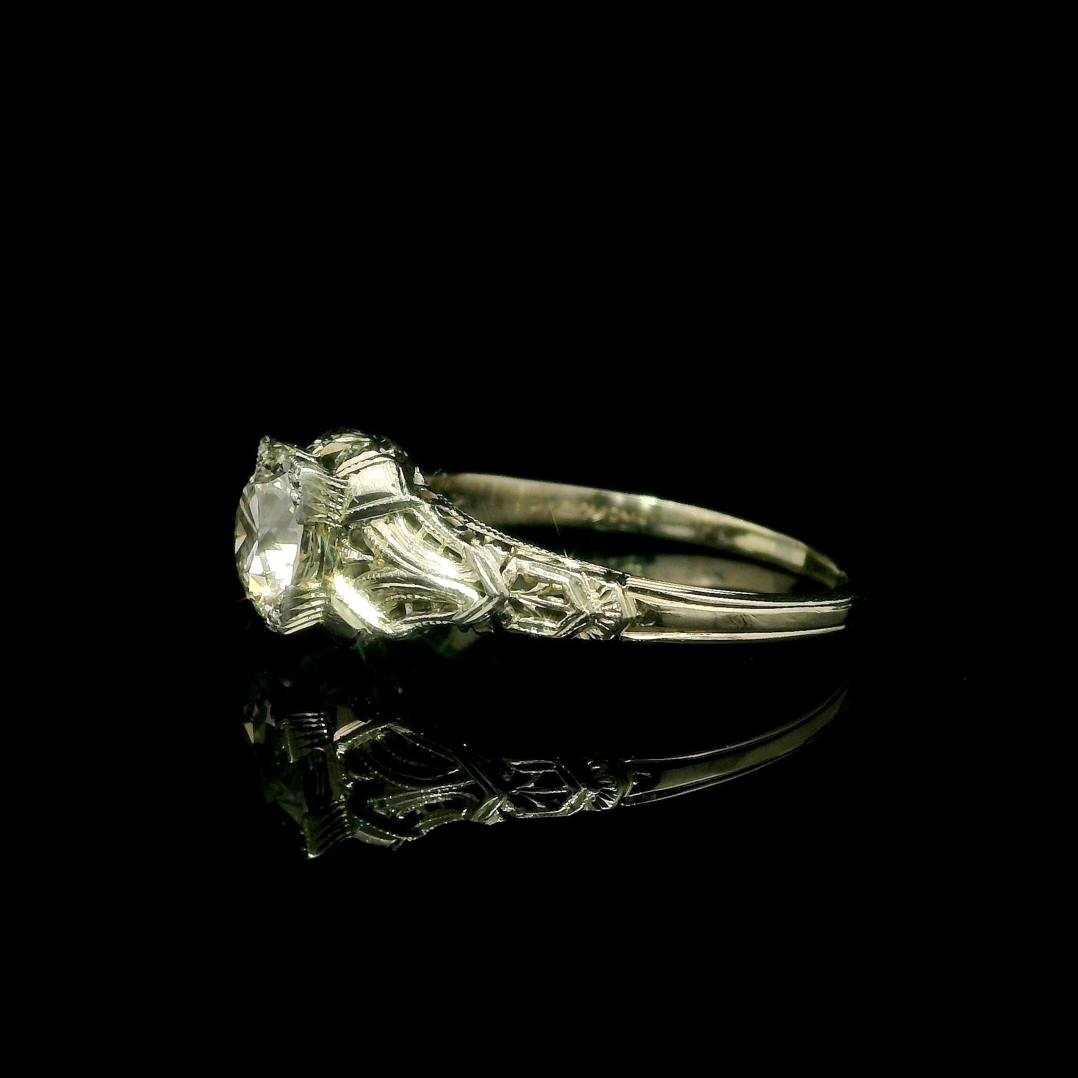 --Stone(s):--
(1) Natural Genuine Diamond - Old Circular Brilliant Cut - Prong Set- Fiery - I Color - VVS2 Clarity - 1.21ct (exact - certified)
** See Certification Details Below for Complete Info **

Material: Solid 18k White Gold 
Weight: 3