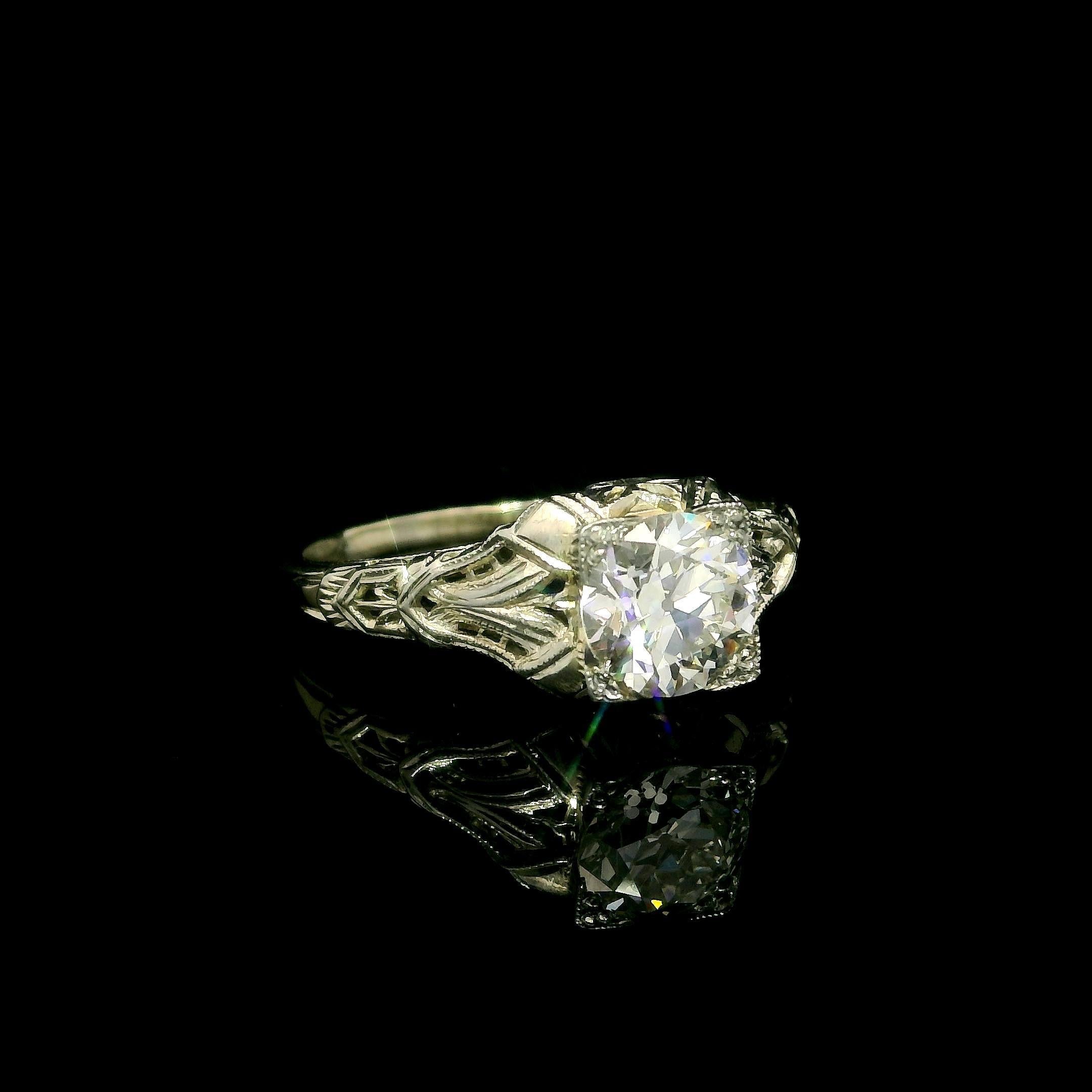 Antique Art Deco GIA 1.21ct Fiery Old Diamond Solitaire Filigree Engagement Ring For Sale 1