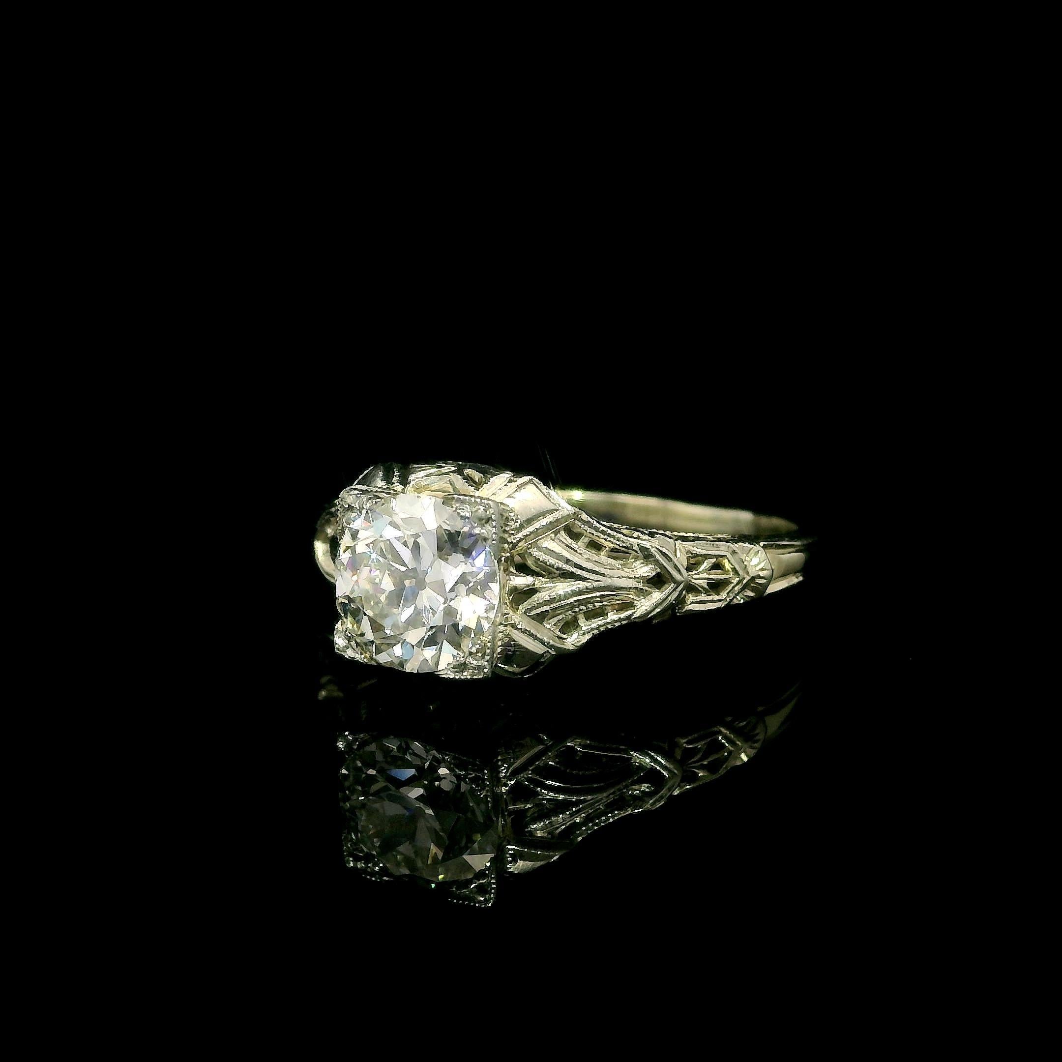 Antique Art Deco GIA 1.21ct Fiery Old Diamond Solitaire Filigree Engagement Ring For Sale 2
