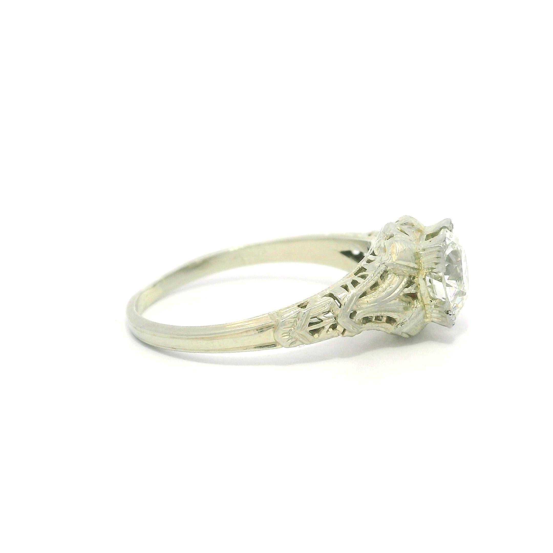 Antique Art Deco GIA 1.21ct Fiery Old Diamond Solitaire Filigree Engagement Ring For Sale 4