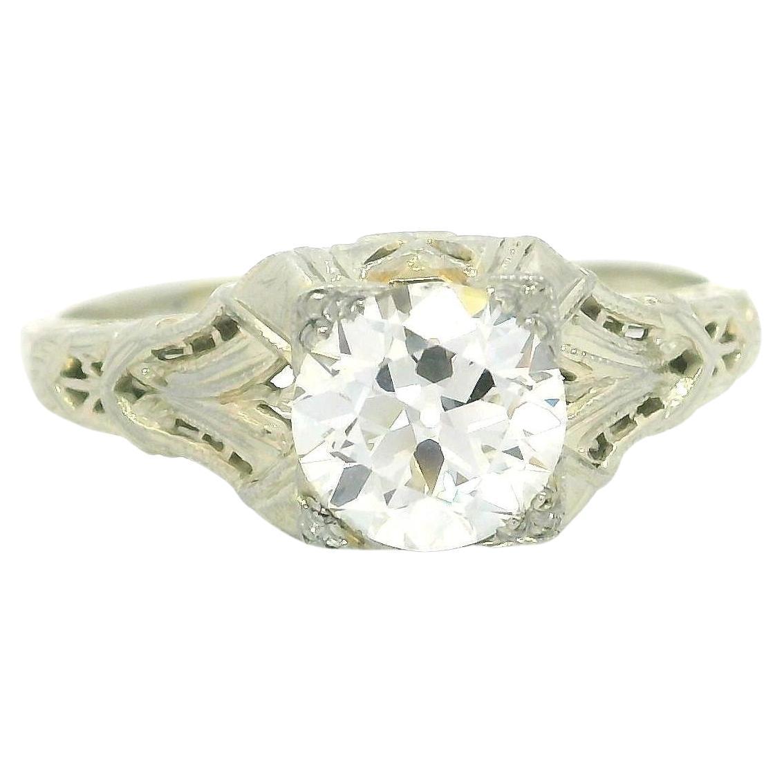 Antique Art Deco GIA 1.21ct Fiery Old Diamond Solitaire Filigree Engagement Ring For Sale