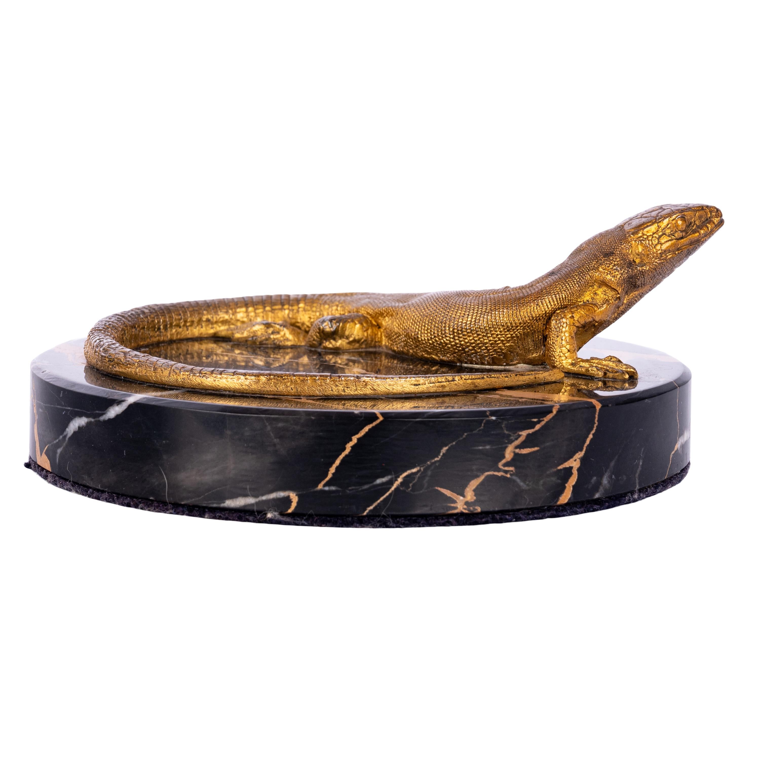 Presse-papiers d'antiquités Art déco en bronze doré, marbre Portoro et statue de lézard 6