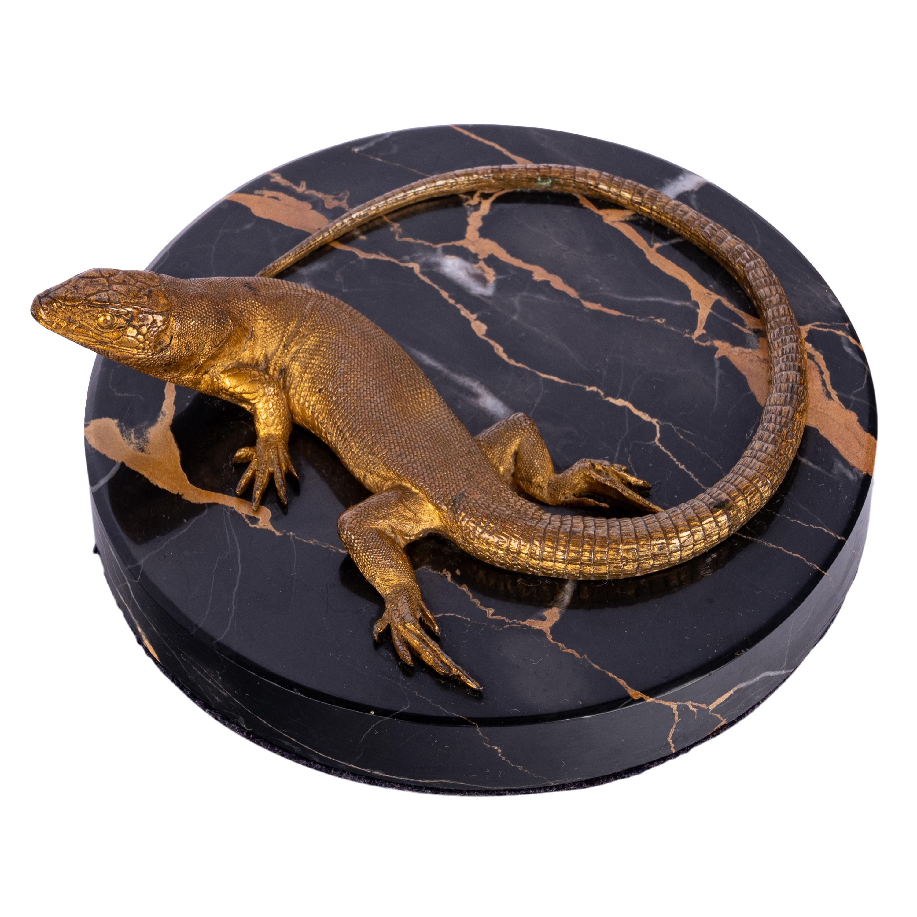 Presse-papiers d'antiquités Art déco en bronze doré, marbre Portoro et statue de lézard 7