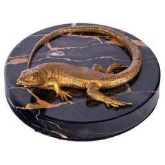 Antique Art Deco Gilt Bronze Portoro Marble Lizard Animalier Statue Paperweight