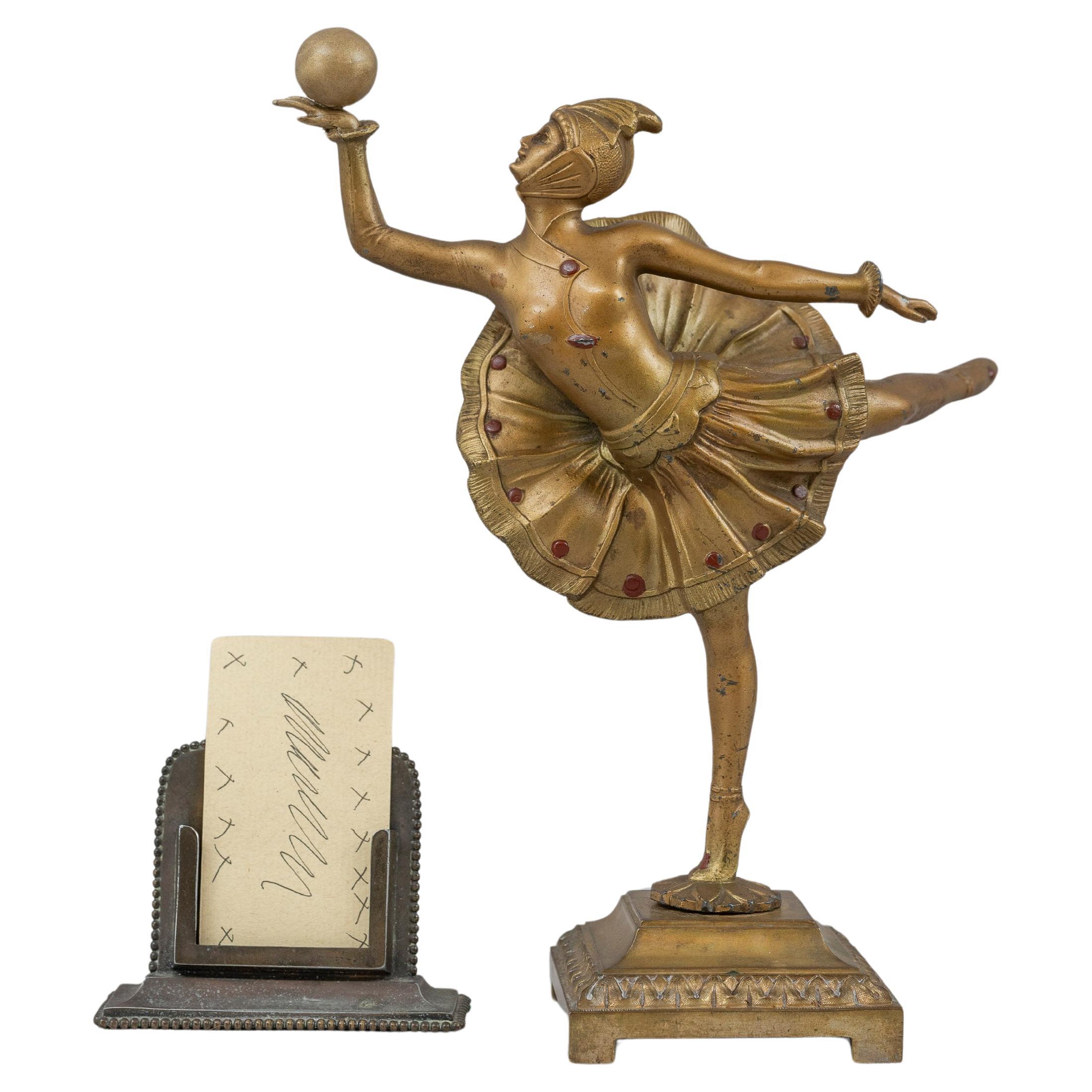 Antique Art Deco Gilt & Enameled Bronze Dancer w/Ball, ca. 1920's For Sale