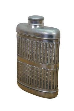 Antique Art Deco Glass & Chrome Plated Caged Hip Pocket Flask Luxury Barware