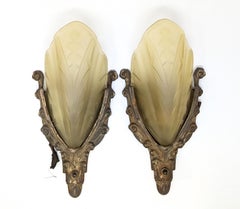 Antique Art Deco Glass Slip Shade Wall Sconce Lights Possibly Moe Bridges Pair