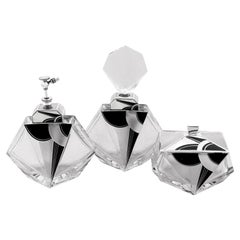 Antique Art Deco Glass Sterling Silver and Enamel Dressing Table Set