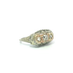 Antique Art Deco Gold 0.45ctw 3 Old Chunky Mine Cut Diamond Filigree Ring