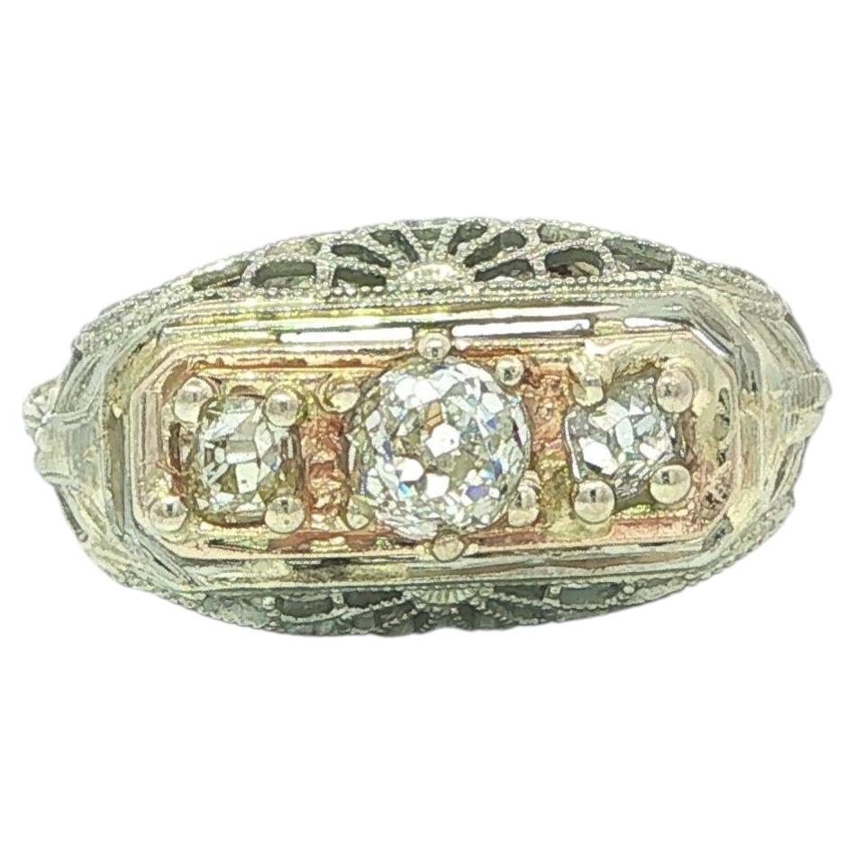 Antique Art Deco Gold 0.45ctw 3 Old Chunky Mine Cut Diamond Filigree Ring For Sale