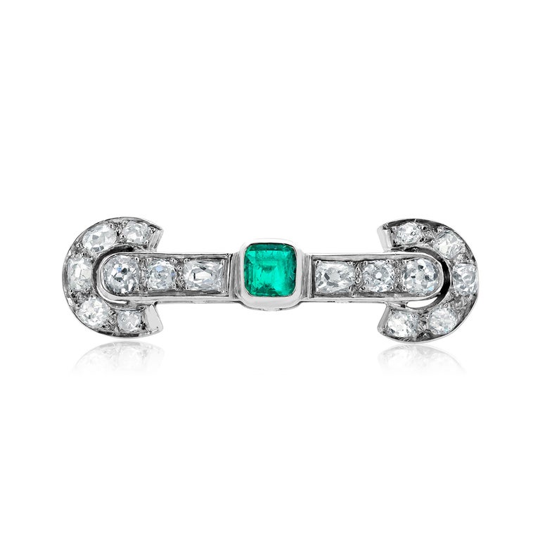 Emerald Cut Antique Art Deco Gold Diamond Emerald Brooch