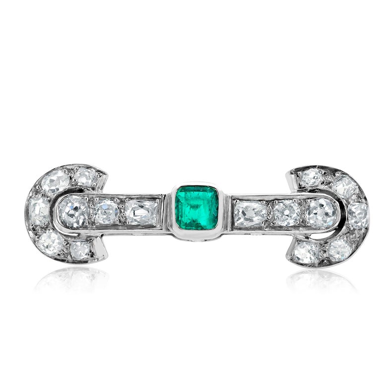 Women's or Men's Antique Art Deco Gold Diamond Emerald Brooch