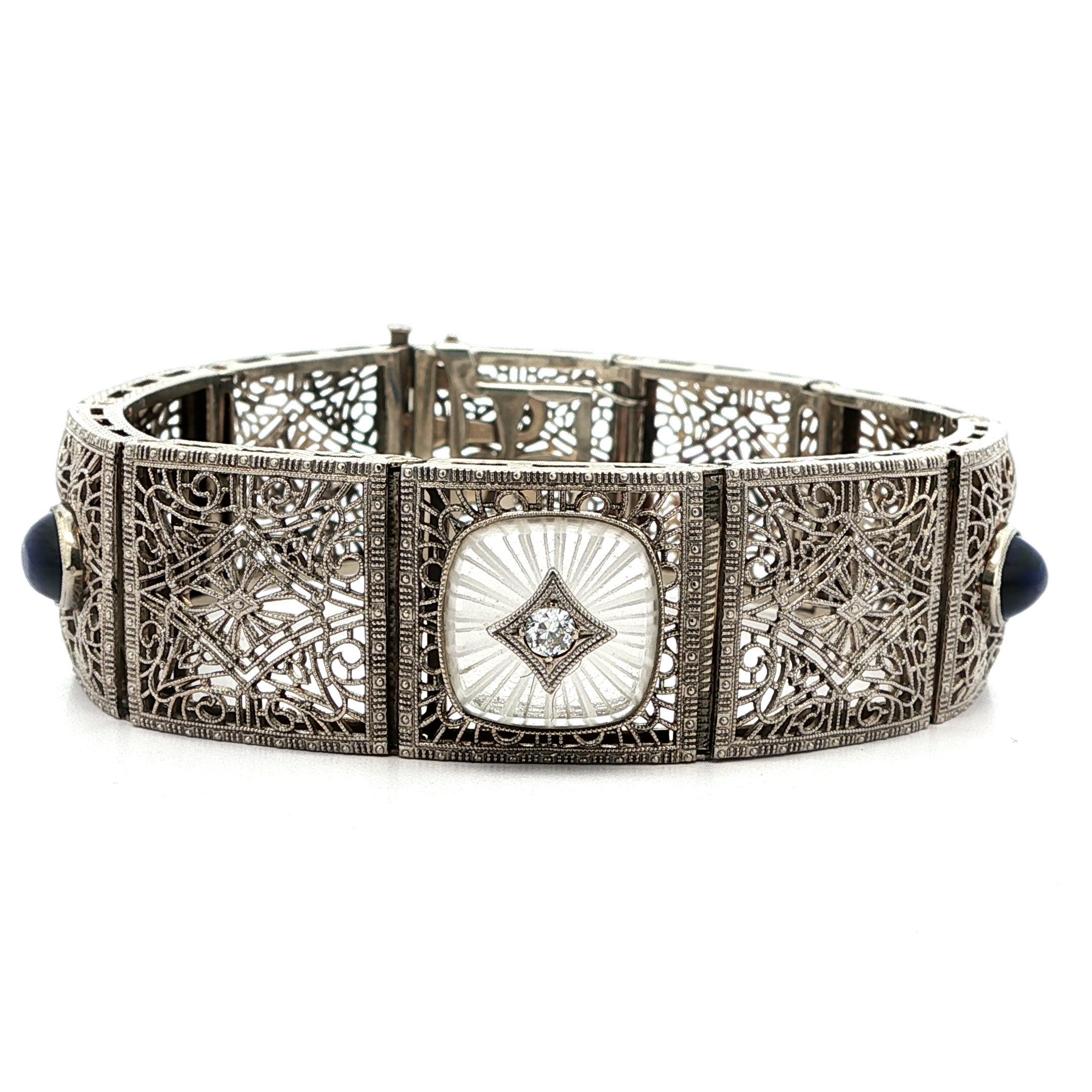 Bracciale antico Art Deco in oro e platino con vetro canforato e diamanti in filigrana in vendita 4