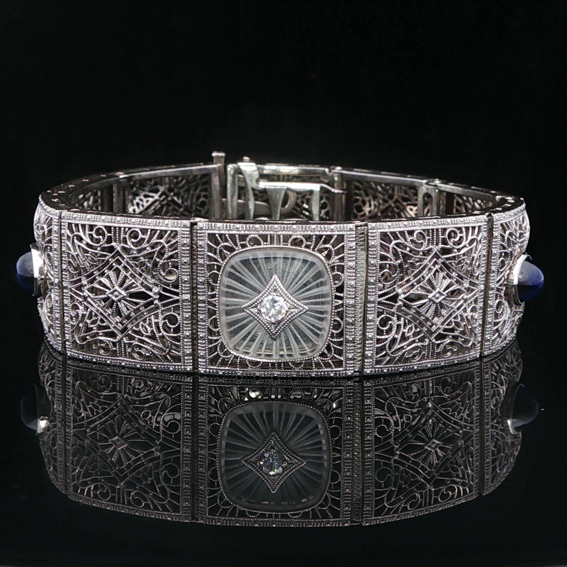 Bracciale antico Art Deco in oro e platino con vetro canforato e diamanti in filigrana in vendita 7