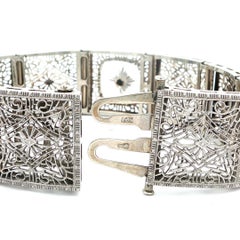 Antique Art Deco Gold Platinum Camphor Glass Diamond Wide Filigree Bracelet