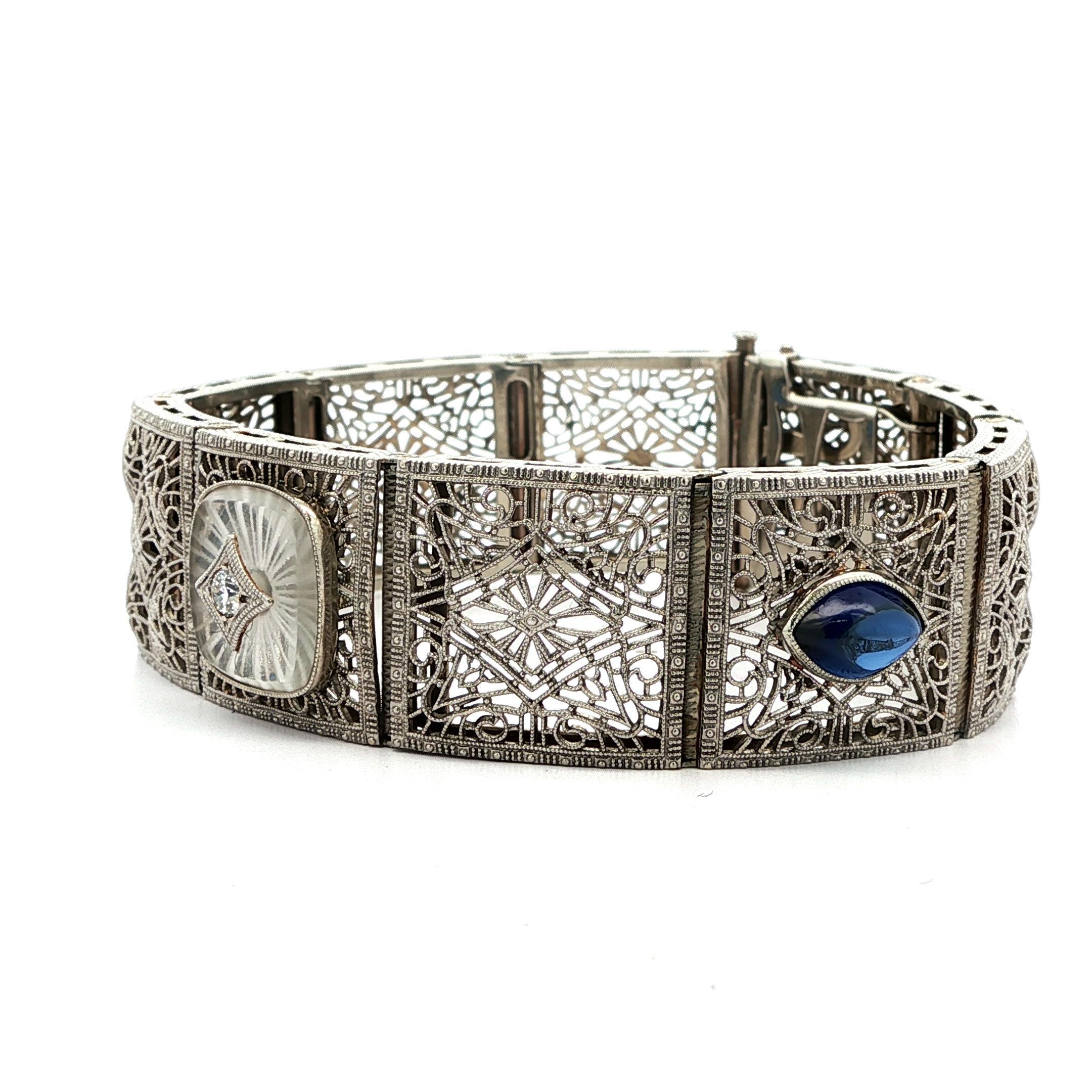 Bracciale antico Art Deco in oro e platino con vetro canforato e diamanti in filigrana in vendita 1